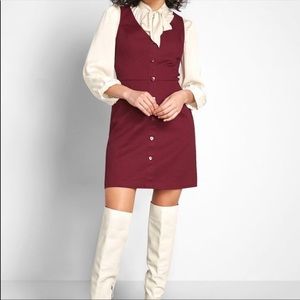 MODCLOTH BURGUNDY DENIM JUMPER WITH HEART BUTTONS